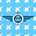 Air force badge with wings and star. Army and military emblem. Airforce logo isolated on blue background with planes. Vector